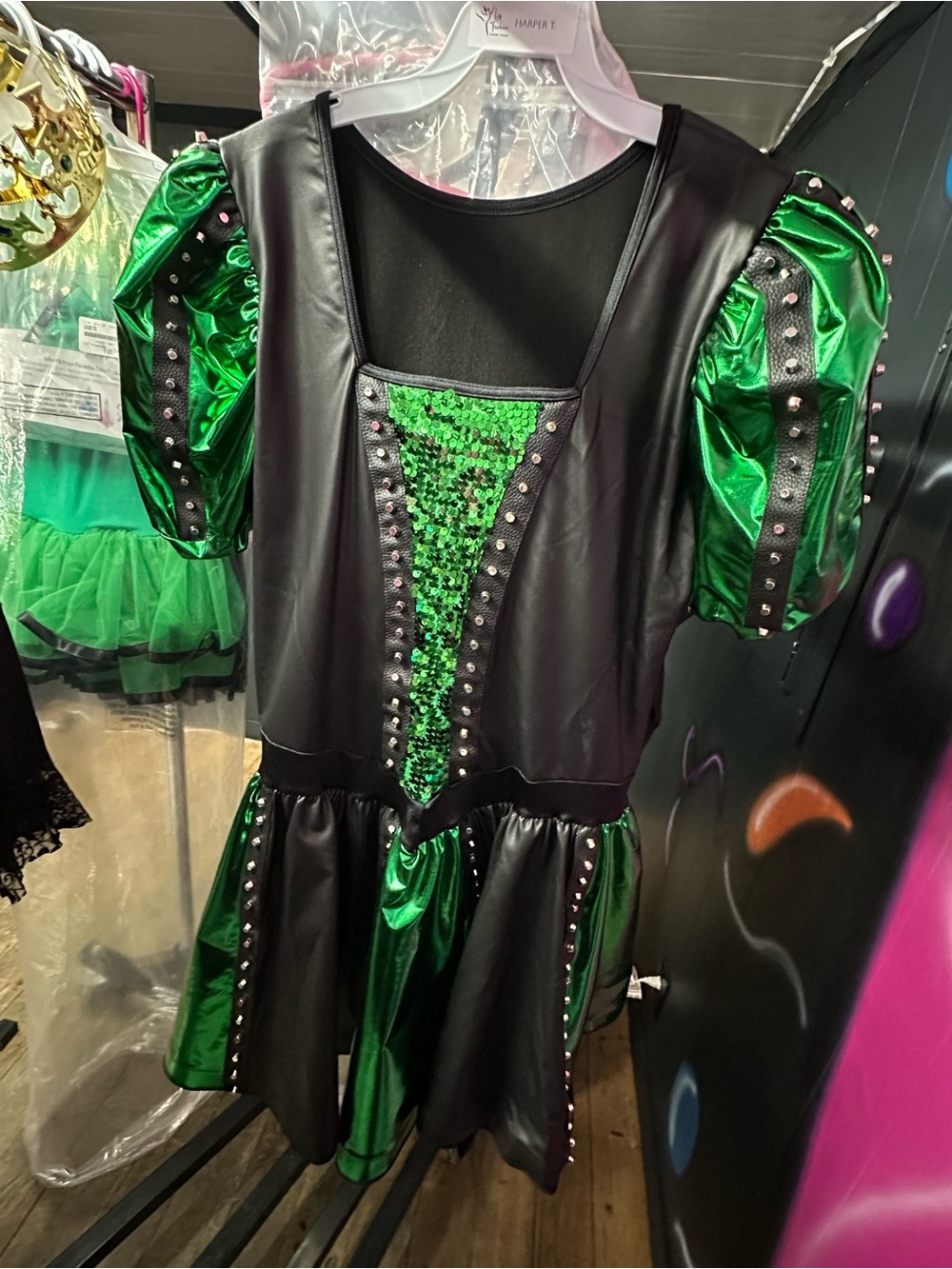 Weissman Black and Green Sequin Puff Sleeve Costume Dress